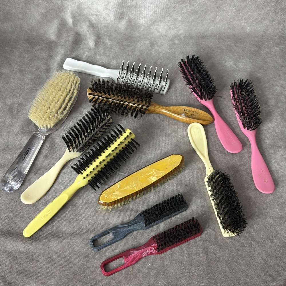 Lot of 11 Vintage Hair Brushes - clear Conair Wooden- Round